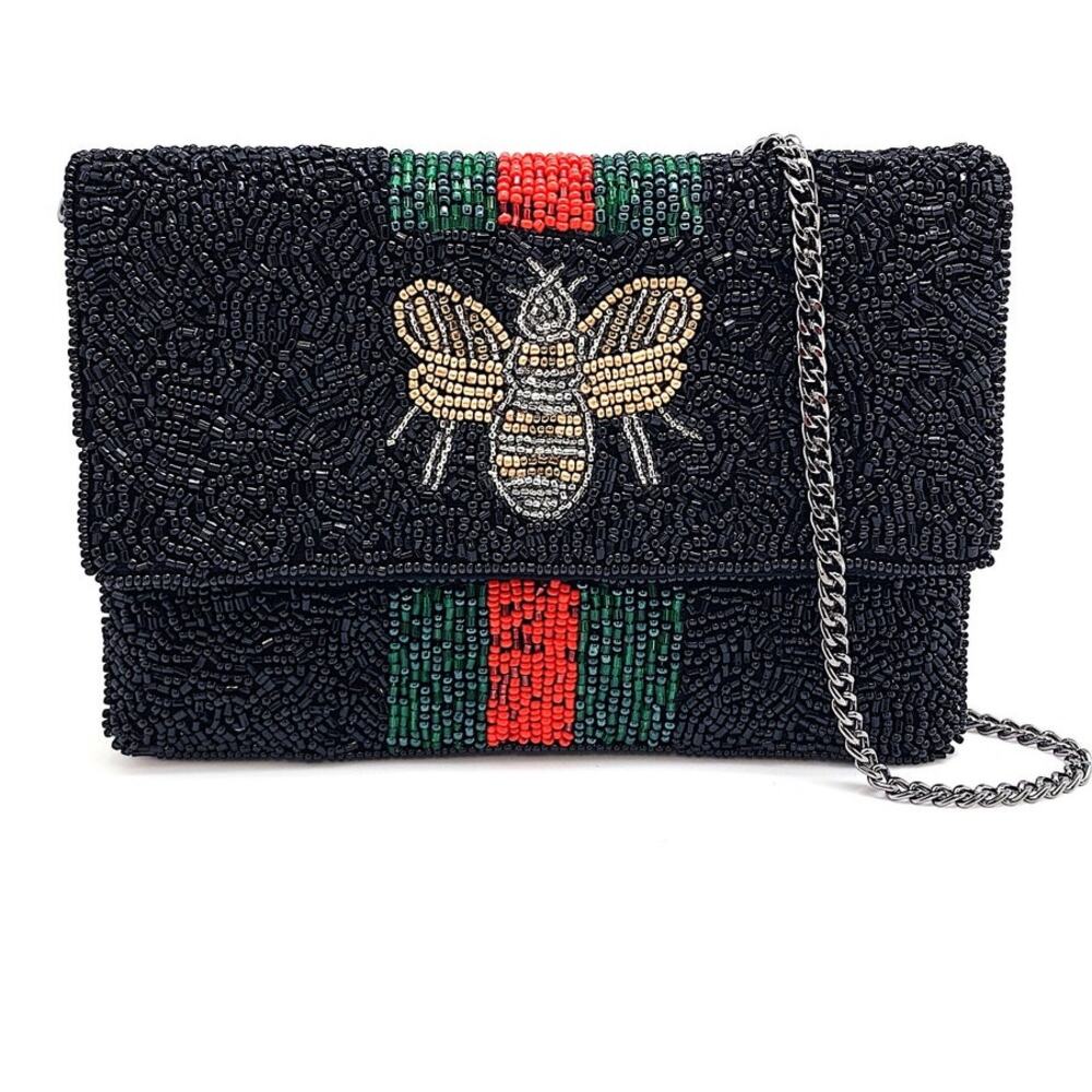 Bee You Black Mini Clutch Handcrafted Indian Cotton Beaded Bag